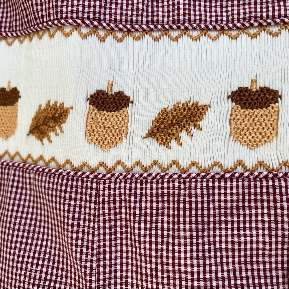 NEW Fall Leaves Red Check Smocked Acorn Longall Jon Jon Size 24 months - Picture 4 of 7